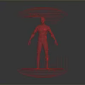 Red Wireframe Humanoid Character With Overhead Umbrella Structure And Circular Platform 3d model