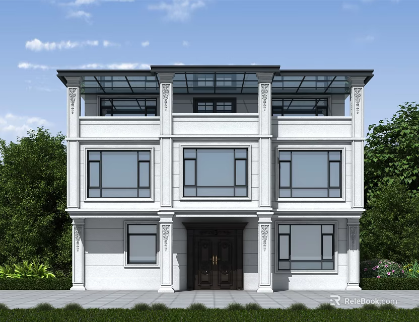Elegant Two Story Detached Villa With White Exterior Column Details And Green Trees 3d model 