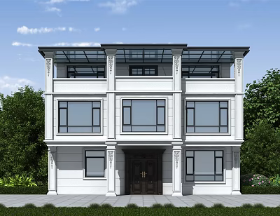 Elegant Two Story Detached Villa With White Exterior Column Details And Green Trees 3d model