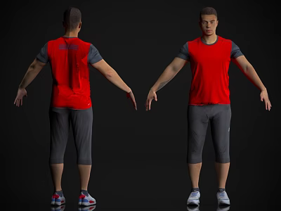 A Man Wearing Red Sleeveless Shirt Gray Cropped Pants With Extended Arms Front Back View 3d model