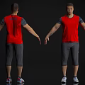 A Man Wearing Red Sleeveless Shirt Gray Cropped Pants With Extended Arms Front Back View