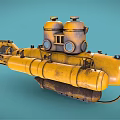 Yellow Vintage Submarine Water Vehicle With Observation Windows Pipes And Tracked Base