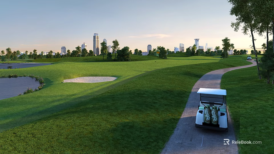 Park Landscape With Green Lawns Golf Cart Sand Bunker And City Skyline 3d model 