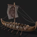 Ancient Wooden Ship With Decorative Sail And Intricate Patterns Rowing Oars And Side Shields