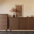Minimalist Interior With Brown Wooden Dresser Cabinet Vase Red Foliage Wall Art And Pendant Light