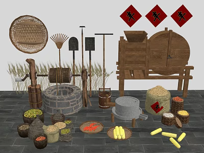 Traditional Industrial Grain Processing Equipment with Stone Mill Tools Grains and Corn 3d model