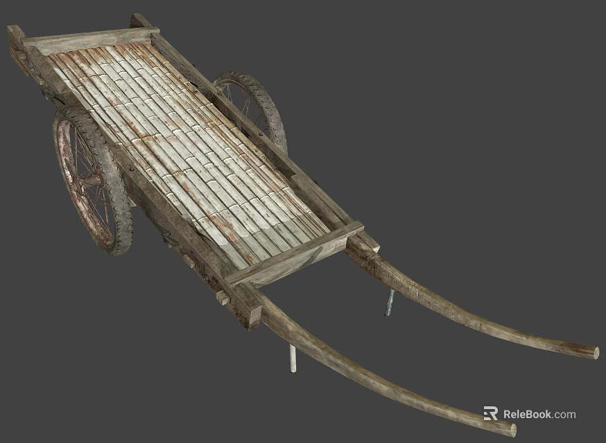 Old Wooden Wheelbarrow With Two Metal Spoked Wheels And Worn Plank Bed 3d model 