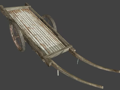 Old Wooden Wheelbarrow With Two Metal Spoked Wheels And Worn Plank Bed 3d model