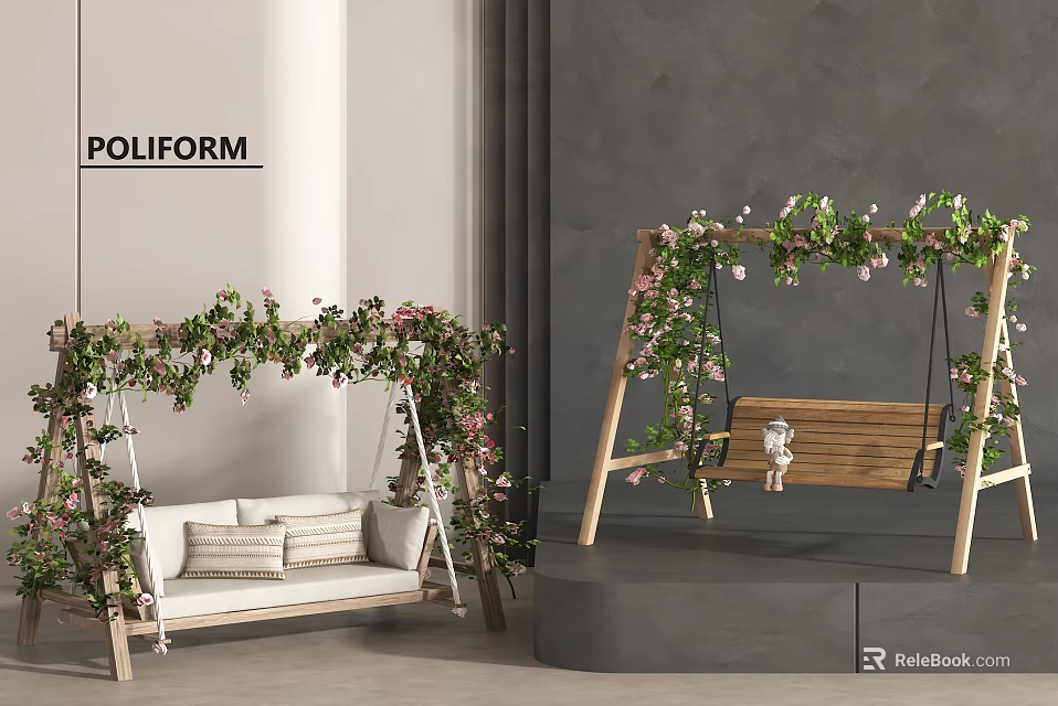 Elegant Outdoor Wooden Swing Chair Decorated With Roses And Green Leaves 3d model 