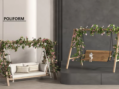 Elegant Outdoor Wooden Swing Chair Decorated With Roses And Green Leaves 3d model