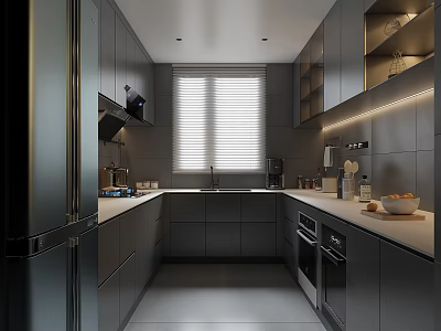 Modern Kitchen Interior With Gray Cabinets Countertop Appliances And Window Blinds 3d model