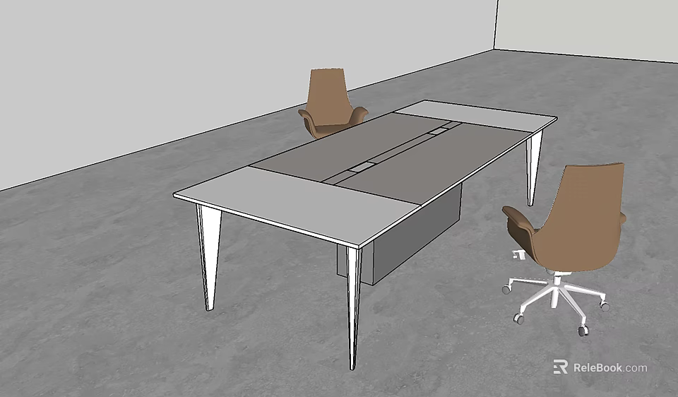 Modern Office Desk with Gray Tabletop and Metal Legs Paired with Brown Chairs 3d model 