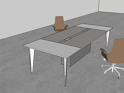 Modern Office Desk with Gray Tabletop and Metal Legs Paired with Brown Chairs 3d model