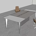 Modern Office Desk with Gray Tabletop and Metal Legs Paired with Brown Chairs