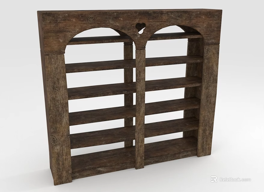 Rustic Wooden Bookcase With Arched Design And Multiple Open Storage Shelves 3d model 