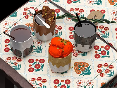 Table with Floral Tablecloth Featuring Various Beverages Orange Ice Cream Nutty Cookie Spoon and Straws 3d model