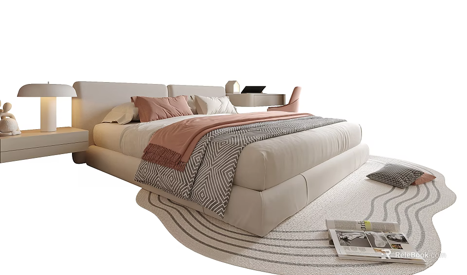 Cozy White Children's Bed With Pink Pillows Striped Blanket And Bedside Lamp 3d model 