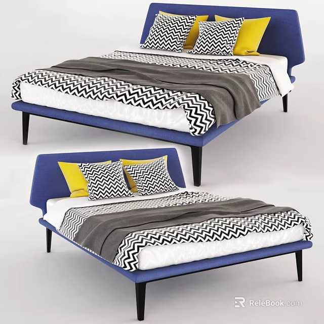 Modern Double Bed With Blue Headboard Yellow Pillows And Geometric Pattern Bedding 3d model