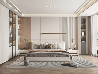Modern Bedroom Interior With Comfortable Bed Wardrobe Bedside Tables Pendant Lights And Rug 3d model