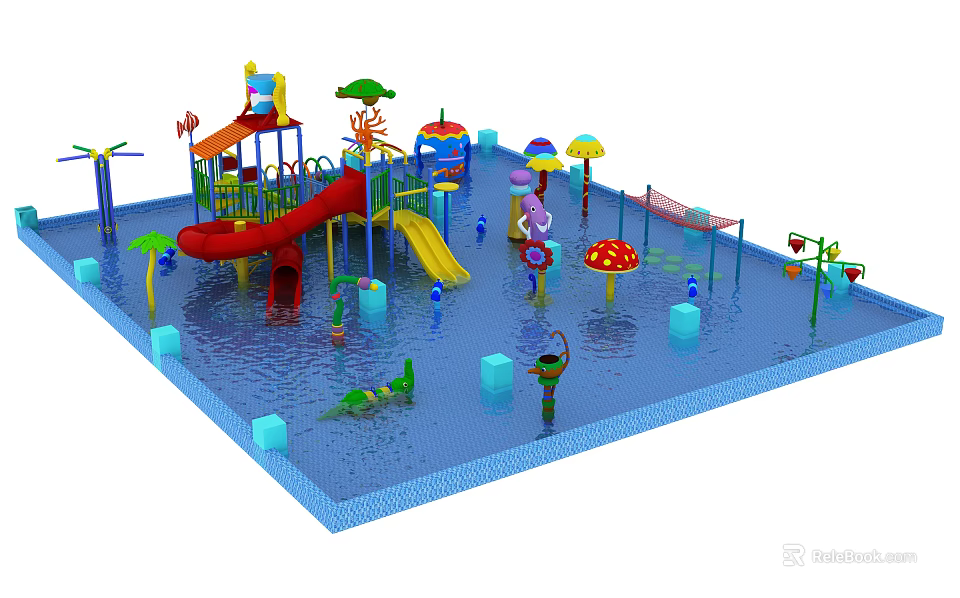 Colorful Water Play Equipment with Slides Umbrellas Mushroom Features and Climbing Structures 3d model 