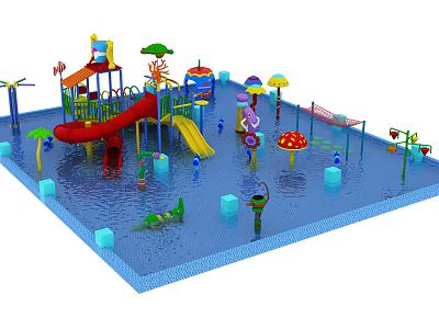 Colorful Water Play Equipment with Slides Umbrellas Mushroom Features and Climbing Structures 3d model