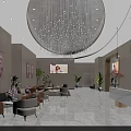 Luxury SPA Sauna Reception Area With Modern Design Crystal Chandelier Sofas Plants And Marble Counter