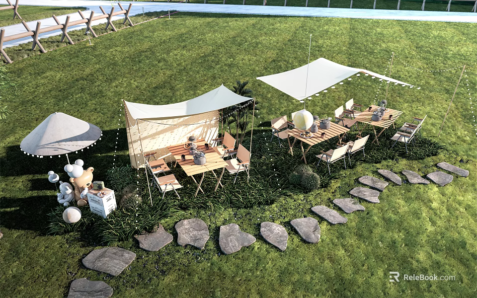Outdoor Canopy Tent Setup With Grass Tables Chairs And Stone Path 3d model 