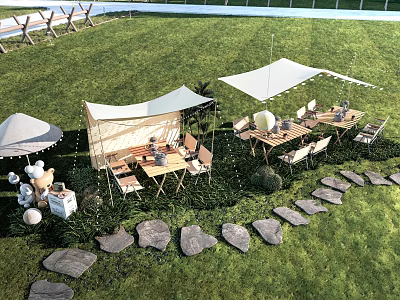 Outdoor Canopy Tent Setup With Grass Tables Chairs And Stone Path 3d model