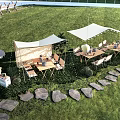 Outdoor Canopy Tent Setup With Grass Tables Chairs And Stone Path