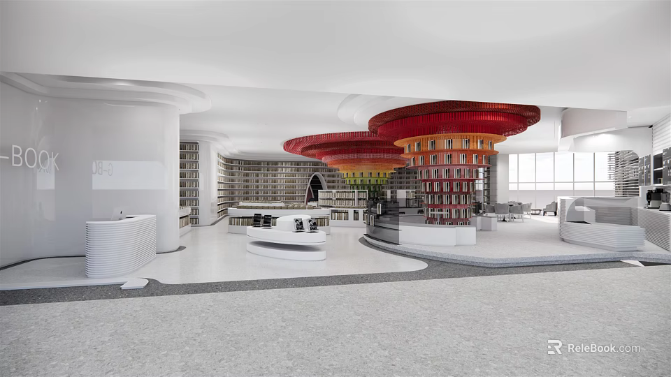 Book Art Library Interior With Circular Red Ceiling And Multi Layered Bookshelves 3d model 
