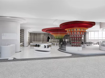 Book Art Library Interior With Circular Red Ceiling And Multi Layered Bookshelves 3d model