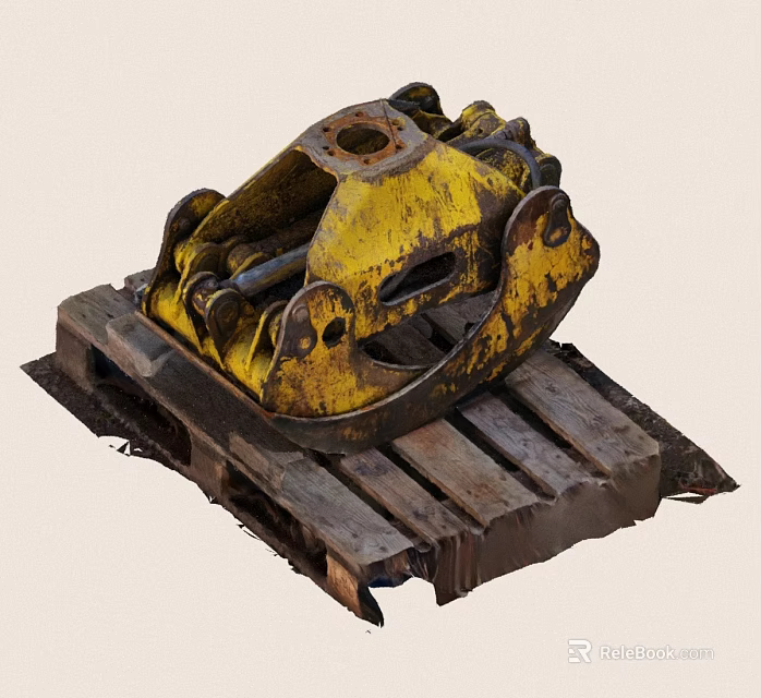 Worn Yellow Rusty Industrial Mechanical Part Placed On Old Wooden Pallet 3d model 