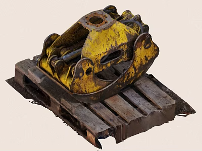 Worn Yellow Rusty Industrial Mechanical Part Placed On Old Wooden Pallet 3d model