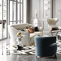 Elegant Gray Living Room Interior With Ornate Chandelier Fireplace White Sofas And Navy Blue Armchairs
