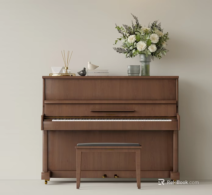 Brown Wooden Piano Musical Instrument With Art Supplies Vase Books Decor And Stool 3d model 