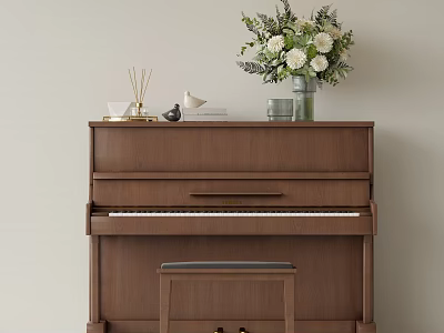 Brown Wooden Piano Musical Instrument With Art Supplies Vase Books Decor And Stool 3d model