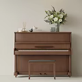 Brown Wooden Piano Musical Instrument With Art Supplies Vase Books Decor And Stool