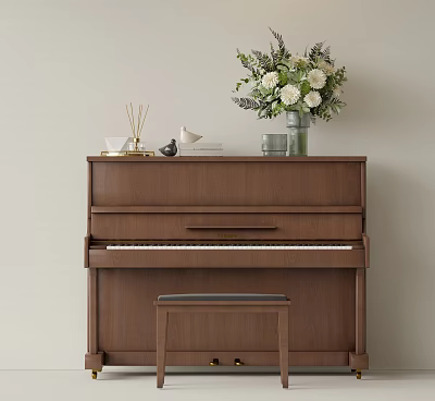 Brown Wooden Piano Musical Instrument With Art Supplies Vase Books Decor And Stool 3d model