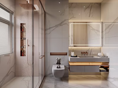 Modern Bathroom Interior With Marble Walls Glass Shower Vanity Mirror And Lighting 3d model