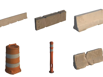 Essential Road Facilities Including Concrete Barriers Orange Traffic Drums And Warning Posts 3d model
