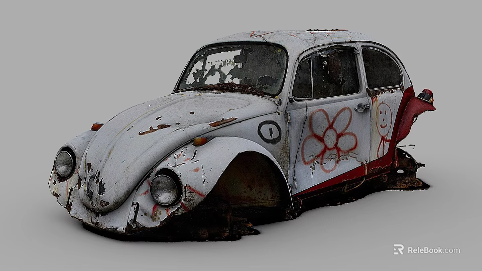 Rusty Old Volkswagen Beetle with Red Flower Graffiti and Smiley Face Abandoned Vintage Car 3d model 