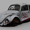 Rusty Old Volkswagen Beetle with Red Flower Graffiti and Smiley Face Abandoned Vintage Car