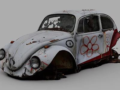 Rusty Old Volkswagen Beetle with Red Flower Graffiti and Smiley Face Abandoned Vintage Car 3d model