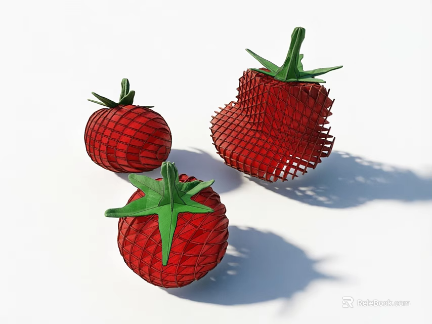 Decorative Red Mesh Garden Ornaments Shaped Like Strawberries With Green Leaves 3d model 