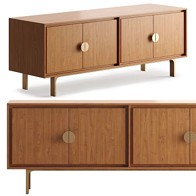 Modern Wooden Entryway Cabinet Sideboard With Round Brass Handles And Minimalist Design 3d model