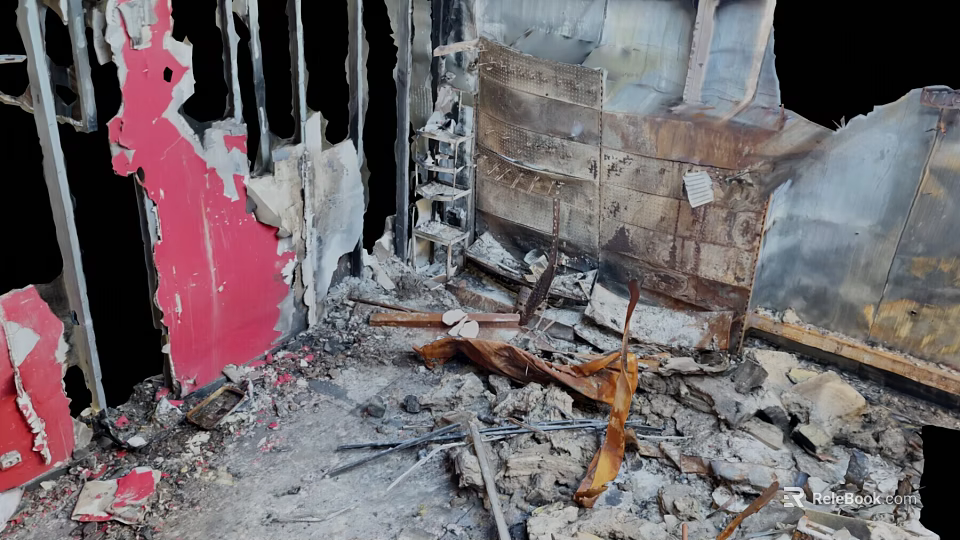 Damaged Building Interior With Collapsed Structures Broken Red Walls Debris And Wooden Fragments 3d model 