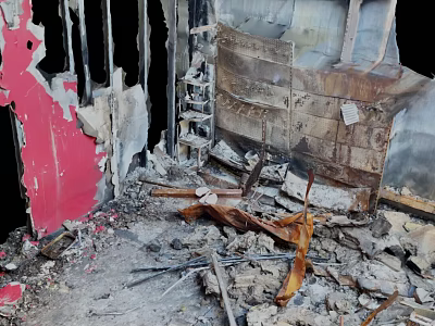 Damaged Building Interior With Collapsed Structures Broken Red Walls Debris And Wooden Fragments 3d model
