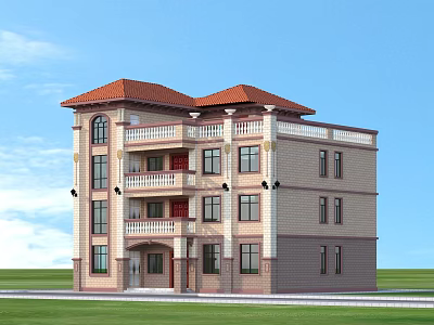 Two Story Detached Villa With Red Roof Beige Exterior And Balconies On Green Lawn 3d model