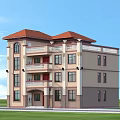 Two Story Detached Villa With Red Roof Beige Exterior And Balconies On Green Lawn