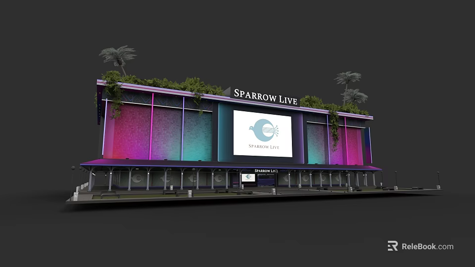 Lush Green Roof Garden Landscape with Palms Colorful Facade and Large Screen 3d model 